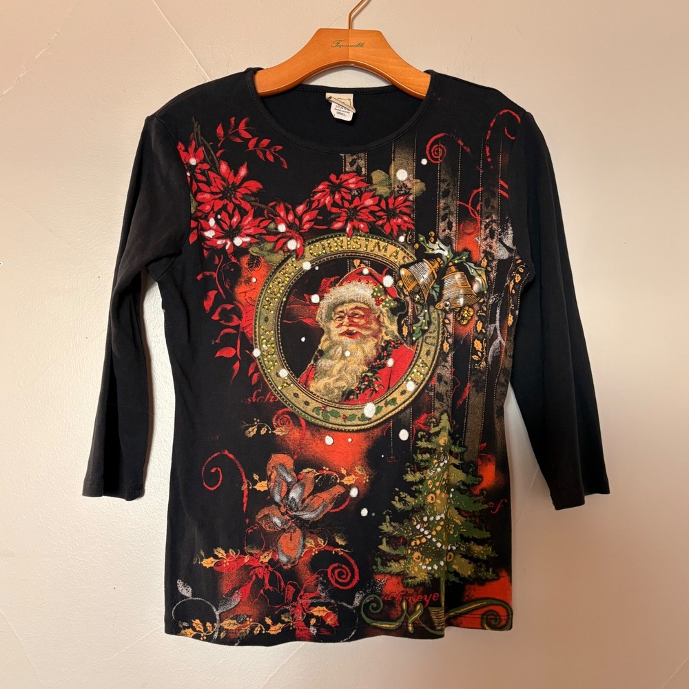Y2K Vintage Christmas Santa tee-shirt Jess & Jane Womens Small Cotton 3/4 Sleeve